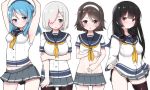  4girls absurdres black_hair blue_eyes blue_hair breasts brown_hair double_bun gloves hair_ornament hair_over_one_eye hairband hairclip hamakaze_(kantai_collection) highres isokaze_(kantai_collection) kantai_collection long_hair mitsudoue multiple_girls open_mouth red_eyes school_uniform serafuku short_hair silver_hair skirt_hold smile tanikaze_(kantai_collection) urakaze_(kantai_collection) 