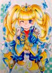  1girl absurdres blonde_hair blue_eyes blue_gloves checkered checkered_background diadem gloves hand_on_hip highres kuchisake_ato louis_xiii_(monster_strike) marker_(medium) monster_strike one_eye_closed puffy_sleeves smile solo traditional_media twintails water 