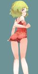  adjusting_clothes adjusting_swimsuit ass blush from_behind green_hair highres kazami_yuuka looking_back one-piece_swimsuit open_mouth plaid red_eyes short_hair simple_background swimsuit touhou 