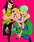  3girls black_hair double_bun foo_fighters green_hair hairlocs hermes_costello highres jojo_no_kimyou_na_bouken kuujou_jolyne multiple_girls overalls yyy246 