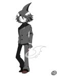  1boy black_hair business_suit cigarette fins gloves grey_gloves greyscale idate monochrome muxiyou oounabara_to_wadanohara orca shoes simple_background smile smoke solo spot_color white_background 