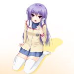  1girl clannad fujibayashi_kyou highres long_hair purple_hair school_uniform sitting thigh-highs violet_eyes wariza yuzuki_karin 