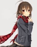  1girl ahoge black_hair brown_eyes fujiwara_hajime idolmaster idolmaster_cinderella_girls long_hair minamiya_mia plaid plaid_scarf scarf smile solo winter_clothes 