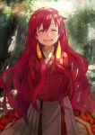  1girl akatsuki_no_yona blush closed_eyes earrings highres jewelry leaf long_hair redhead smile solo tree yona_(akatsuki_no_yona) 