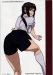  all_fours ass breasts brown_hair den_sugiyama from_behind glasses hairband highres legs long_hair looking_back makinami_mari_illustrious neon_genesis_evangelion rebuild_of_evangelion scan shorts sideboob smile socks solo thighs twintails white_background 