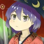  1girl blue_hair bowl_hat grey_eyes highres japanese_clothes kimono needle oversized_object piyodesu shiny short_hair sukuna_shinmyoumaru touhou 