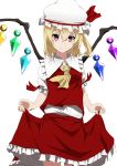  1girl absurdres aono_meri ascot blonde_hair crystal fang flandre_scarlet frills hat hat_ribbon highres looking_at_viewer mob_cap puffy_sleeves red_eyes ribbon shirt short_hair short_sleeves side_ponytail simple_background skirt skirt_hold skirt_set smile solo touhou vest white_background wings 