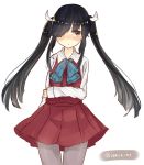  1girl alternate_hairstyle artist_name black_hair blush bowtie hair_over_one_eye hair_ribbon hayashimo_(kantai_collection) kantai_collection long_hair looking_to_the_side myao_(jumca_my) pantyhose ribbon school_uniform skirt solo twintails twitter_username very_long_hair 