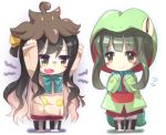  2girls black_hair brown_eyes cosplay green_hair ka_zhi kantai_collection long_hair multicolored_hair multiple_girls naganami_(kantai_collection) open_mouth pink_hair pokemon pumpkaboo pumpkaboo_(cosplay) school_uniform short_hair takanami_(kantai_collection) treecko treecko_(cosplay) 