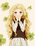  1girl absurdres blonde_hair blush braid clover floral_print hair_ornament hairclip hanamoto_hagumi hand_to_own_mouth highres honey_and_clover long_sleeves miruhi_(pixiv12262111) silhouette solo violet_eyes wavy_hair 