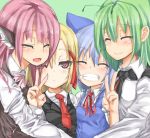  4girls animal_ears antennae blonde_hair blue_hair blush bowtie cirno closed_eyes green_background green_hair grin hair_ornament hair_ribbon long_sleeves looking_at_viewer masuo multiple_girls mystia_lorelei necktie no_hat one_eye_closed open_mouth pink_hair puffy_sleeves red_eyes ribbon rumia shirt short_hair short_sleeves simple_background smile team_9 touhou upper_body v vest wriggle_nightbug 