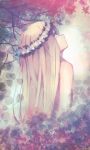  1girl absurdres bare_shoulders blonde_hair blue_eyes head_wreath highres leaf long_hair looking_up maple_leaf miruhi_(pixiv12262111) profile solo 