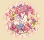  1girl arisusama blueberry brown_hair closed_eyes food fruit heart high_ponytail kiwifruit kodama_fumika long_hair pendant_watch raspberry shorts solo strawberry watch youkai_watch youkai_watch_(object) 