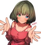  1girl blue_eyes blush bra_strap erere from_above green_eyes heterochromia idolmaster idolmaster_cinderella_girls short_hair simple_background smile solo takagaki_kaede upper_body white_background 