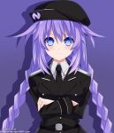  1girl blue_eyes braid collar crossed_arms hat keenh necktie neptune_(choujigen_game_neptune) neptune_(series) purple_hair purple_heart solo twin_braids 