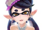  1girl aori_(splatoon) backlighting bare_shoulders black_hair blush detached_collar earrings fangs food food_on_head highres jewelry kabeu_mariko long_hair looking_at_viewer mask mole mole_under_eye object_on_head open_mouth pointy_ears simple_background smile solo splatoon sushi tentacle_hair upper_body white_background yellow_eyes 