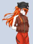  1girl blue_eyes bubble_blowing eyepatch hands_in_pockets hat hat_with_ears light_brown_hair long_hair long_sleeves looking_at_viewer neon_genesis_evangelion plugsuit rebuild_of_evangelion shikinami_asuka_langley solo souryuu_asuka_langley track_jacket yoshii_yumi 