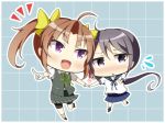  2girls :&lt; ahoge akebono_(kantai_collection) bell bike_shorts black_legwear blush brown_hair checkered checkered_background chibi flower flying_sweatdrops gloves hair_bell hair_flower hair_ornament hair_ribbon heart kagerou_(kantai_collection) kankitsunabe_(citrus) kantai_collection long_hair looking_to_the_side multiple_girls open_mouth pointing ponytail purple_hair ribbon school_uniform serafuku side_ponytail skirt smile tile_background triangle_mouth twintails very_long_hair violet_eyes white_gloves 