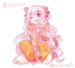  1girl ;d animal_ears bandaid bandaid_on_knee cat_ears cheese long_hair mahou_shoujo_madoka_magica mahou_shoujo_madoka_magica_movie mizuki_(flowerlanguage) momoe_nagisa one_eye_closed open_mouth pajamas pillow smile solo two_side_up wavy_hair white_hair 