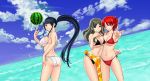  3girls ;d ahoge ass assisted_exposure asymmetrical_docking beach bikini black_bikini blue_eyes blue_hair breast_press breasts deathtopia empty_eyes food fruit grey_eyes grey_hair hair_between_eyes high_ponytail highres hoshimiya_maya kisaragi_yui_(deathtopia) large_breasts long_hair multiple_girls navel one_eye_closed open_mouth ponytail red_bikini red_eyes redhead sarong short_hair side-tie_bikini sideboob smile swimsuit v very_long_hair w watermelon white_bikini white_swimsuit yagami_saki yamada_yoshinobu 