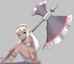  :&lt; axe bandeau barefoot blue_eyes dark_skin earrings elf from_side hairband huge_weapon jewelry legs long_hair looking_at_viewer midriff necklace pointy_ears sitting skirt weapon white_hair 