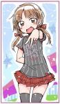  1girl :d arm_behind_back black_legwear blush border bow brown_eyes brown_hair hair_bow kikai_(akita_morgue) open_mouth original plaid plaid_skirt shirt sketch skirt smile solo star striped striped_shirt thigh-highs twintails v 