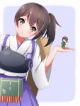  2girls aviator_cap brown_eyes brown_hair fairy_(kantai_collection) goggles goggles_on_head head_tilt holding japanese_clothes kaga_(kantai_collection) kantai_collection multiple_girls muneate shiromisoaji side_ponytail 