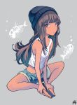  1girl brown_hair dark_skin denim denim_shorts fish_bone grey_background hat highres hime_cut long_hair looking_at_viewer midriff nanakawa_(nanasoon) original sandals shorts simple_background sitting sleeveless solo tank_top unbuttoned 