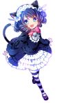  1girl :3 animal_ears bell blue_eyes blue_hair blush bow cat_ears cat_tail curly_hair cyan_(show_by_rock!!) dress fang frilled_dress frills headband highres moru open_mouth ribbon short_hair show_by_rock!! simple_background smile solo striped striped_legwear tail thigh-highs white_background 