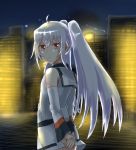  ahoge arms_behind_back building detached_sleeves dress from_behind isla_(plastic_memories) lamppost long_hair night plastic_memories red_eyes short_dress somechime_(sometime1209) twintails white_dress white_hair 