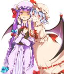  2girls ashisaki bat_wings blue_hair blush book bow capelet crescent dress fingersmile flower grin hair_bow hair_ornament hat hat_ribbon long_hair long_sleeves looking_at_viewer mob_cap multiple_girls patchouli_knowledge pointy_ears puffy_sleeves purple_hair red_eyes remilia_scarlet ribbon rose shaded_face shirt short_hair short_sleeves simple_background skirt skirt_set smile striped striped_dress touhou very_long_hair vest violet_eyes white_background wings 
