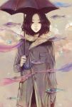  1girl air_bubble brown_hair clona clouds commentary_request curly_hair expressionless fish highres holding_umbrella jacket looking_at_viewer muted_color original parasol ribbon solo surreal umbrella water_drop 