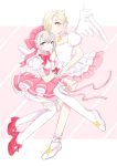  2boys :&gt; :3 aqua_eyes cardcaptor_sakura choker cosplay crossdressinging dress gokotai hair_flaps hair_over_one_eye highres holding_hands hotarumaru kinomoto_sakura kinomoto_sakura_(cosplay) magical_girl male_focus michelle_(ooo-anteat) multiple_boys otoko_no_ko short_hair smile thigh-highs touken_ranbu white_legwear 