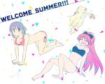  2girls bikini_bottom bikini_top blue_eyes blue_hair bow breasts cleavage closed_eyes hair_bow hair_ornament hairclip kyubey long_hair lying mahou_shoujo_madoka_magica miki_sayaka mizuki_(flowerlanguage) multiple_girls ponytail redhead sakura_kyouko short_hair swimsuit 