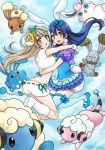  2girls azumarill blue_hair blush bow brown_eyes buneary bunnelby crossover earrings flaaffy fluffy fluffy_legwear grey_hair hair_bow hug jewelry love_live!_school_idol_project mareep minami_kotori mono_land multiple_girls open_mouth pokemon pokemon_(creature) sonoda_umi sweatdrop thigh-highs wigglytuff 