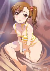  1girl asymmetrical_legwear bare_shoulders barefoot breasts brown_eyes brown_hair camisole choker cleavage downblouse futami_mami hair_bobbles hair_ornament idolmaster inoue_sora leaning_forward panties parted_lips side_ponytail sitting solo striped striped_panties twitter_username underwear 