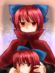  1girl bow cape covered_mouth disembodied_head gradient gradient_background hair_bow highres holding_head koto_(shiberia39) light_frown long_sleeves looking_at_viewer red_eyes redhead sekibanki short_hair solo sweatdrop touhou 