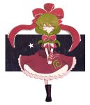  1girl arm_ribbon boots bow closed_eyes dress frills green_hair hair_bow hair_ribbon kagiyama_hina long_hair phantasmic ribbon smile star touhou 