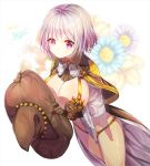  1girl armor bikini_armor blush breasts brown_gloves cape floral_background gabe_(seelunto) gloves hat large_breasts panties short_hair silver_hair solo underwear violet_eyes witch_hat yellow_panties 
