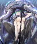  1girl armadillo-tokage between_breasts black_gloves bodysuit boots cane cape from_below gloves glowing glowing_eyes green_eyes hat highres holding_weapon kantai_collection long_hair looking_at_viewer monster pale_skin rain shinkaisei-kan silver_hair solo teeth wo-class_aircraft_carrier 