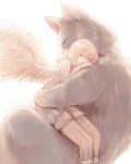  1girl cat clona closed_eyes commentary_request feathered_wings highres hug monochrome mutual_hug original short_hair simple_background sitting sitting_on_lap sitting_on_person tagme white_background white_hair wings 