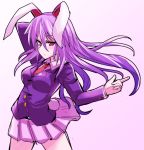  1girl :/ animal_ears arm_behind_head blazer blush bunny_tail cowboy_shot finger_gun highres long_hair looking_at_viewer miniskirt necktie purple_hair rabbit_ears red_eyes reisen_udongein_inaba skirt solo tail tanakara touhou tsurime 