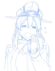  1girl :o anchor_hair_ornament blue gloves hair_ornament hair_ribbon hat himura_kiseki kantai_collection long_hair long_sleeves military military_uniform peaked_cap prinz_eugen_(kantai_collection) ribbon sketch solo tears twintails uniform yawning 