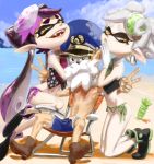  2girls adapted_costume aori_(splatoon) beach beard bikini bikini_bottom black_hair chair commander_atarime crop_top dabohaze_(artist) double_v earrings facial_hair fangs food food_on_head gloves grandfather_and_granddaughter green_bikini hat highres hotaru_(splatoon) jewelry kneeling long_hair mask mole mole_under_eye multiple_girls navel necktie object_on_head ocean open_mouth orange_eyes peaked_cap pointy_ears purple_bikini short_hair siblings side-tie_bikini silver_hair sisters sitting smile splatoon sushi swimsuit tentacle_hair v water white_gloves 