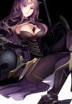  1girl armor axe breasts camilla_(fire_emblem_if) cleavage fire_emblem_if gauntlets headwear_removed helmet helmet_removed highres long_hair looking_at_viewer machi_wt pantyhose parted_lips purple_hair red_eyes sitting solo violet_eyes weapon 
