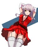  1girl arms_up breasts center_opening dress elbow_gloves fatkewell garter_straps gloves grey_hair red_eyes simple_background thigh-highs white_gloves white_legwear 