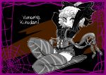  1girl alternate_costume arms_behind_back black_background bow breasts brown_background extra_eyes frame hair_bow hair_bun hips kurodani_yamame looking_to_the_side purple short_shorts shorts silk smile solo spider_web thigh-highs thighs touhou two-tone_background yt_(wai-tei) 