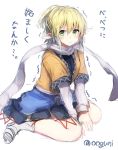  1girl blonde_hair blush colored full_body green_eyes long_sleeves looking_at_viewer mizuhashi_parsee pointy_ears ponytail scarf shirt short_hair simple_background sitting sketch skirt solo tears touhou trembling twitter_username vest white_background wowoguni 