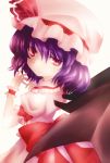  1girl bat_wings cowboy_shot hat hat_ribbon highres komiru looking_at_viewer mob_cap puffy_short_sleeves puffy_sleeves purple_hair raised_hand red_eyes remilia_scarlet ribbon short_hair short_sleeves simple_background skirt skirt_set smile solo touhou white_background wings wrist_cuffs 