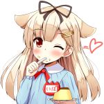  1girl aikawa_ryou blonde_hair blush child commentary_request food food_on_head hair_ornament hair_ribbon hairclip kantai_collection kindergarten_uniform long_hair long_sleeves object_on_head one_eye_closed pudding red_eyes ribbon solo upper_body younger yuudachi_(kantai_collection) 